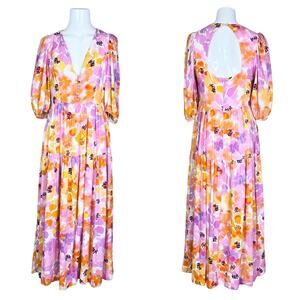 Nicholas | Linen Celie Pink Orange Floral Puff Sleeve Open Back Midi Dress US 4